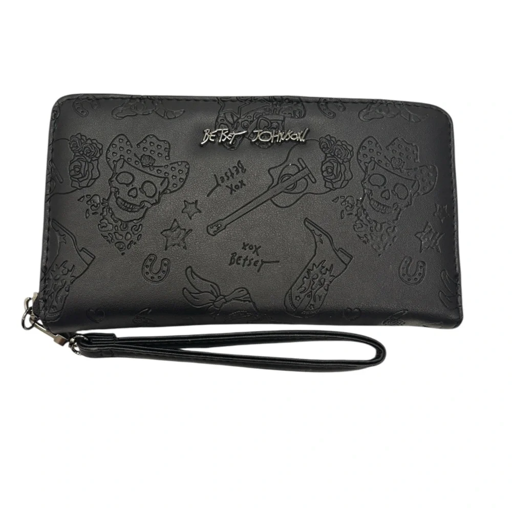 Betsey Johnson Cowboy Boots Skulls Guitars Embossed Wallet Wristlet Black